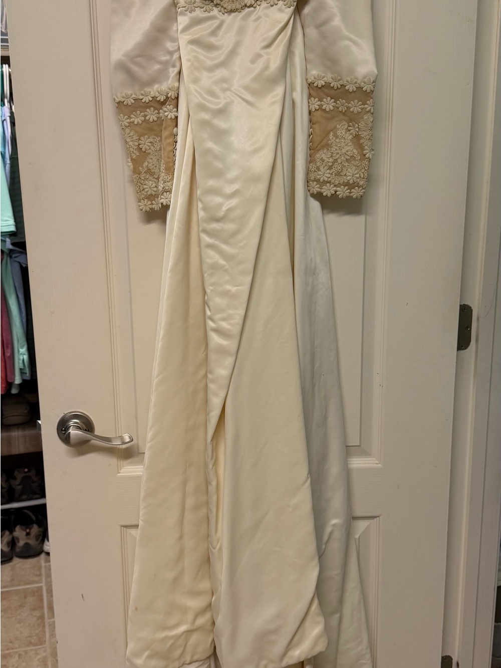 Ivory Long Sleeve Satin Wedding Dress with Lace Cuffs